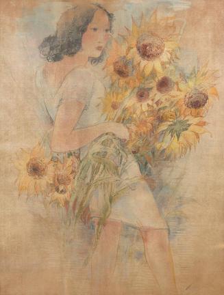 Otto Rudolf Schatz, Mädchen mit Sonnenblumen, um 1930, Aquarell auf Papier, 53,2 × 40,3 cm, Pri ...