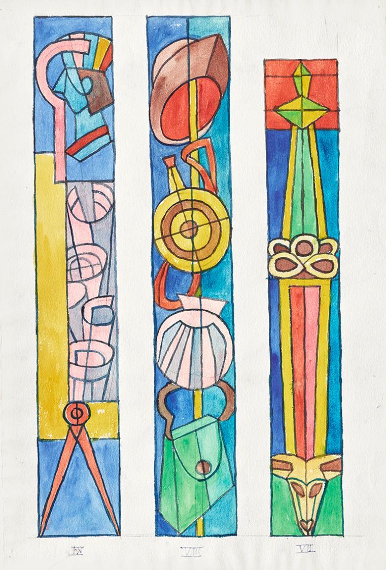 Alfred Wickenburg, Drei Glasfensterentwürfe für die St. Josefskirche in Greith: Apostelsymbole  ...