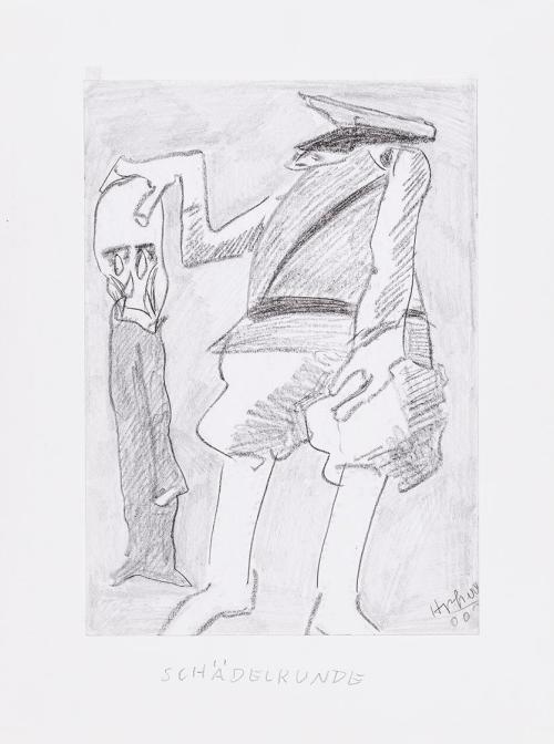 Kurt Hüpfner, Schädelkunde, 2000, Bleistift und schwarzer Buntstift Papier, kaschiert auf Karto ...